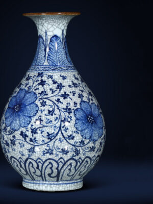 SKU_01_纯手绘青花官窑开片玉壶春—送底座【正品保障+收藏证书+鸡缸杯】 Porcelain antique blue and white porcelain vase flower arrangement living room porch TV cabinet new Chinese high-grade sense ornaments