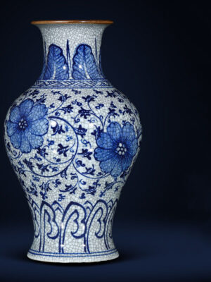 SKU_03_纯手绘青花官窑开片鱼尾瓶—送底座【正品保障+收藏证书+鸡缸杯】 Porcelain antique blue and white porcelain vase flower arrangement living room porch TV cabinet new Chinese high-grade sense ornaments