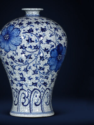 SKU_04_纯手绘青花官窑开片梅瓶—送底座【正品保障+收藏证书+鸡缸杯】 Porcelain antique blue and white porcelain vase flower arrangement living room porch TV cabinet new Chinese high-grade sense ornaments