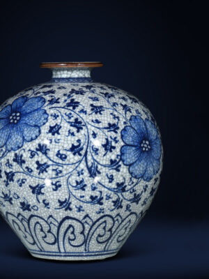 SKU_05_纯手绘青花官窑开片石榴瓶—送底座【正品保障+收藏证书+鸡缸杯】 Porcelain antique blue and white porcelain vase flower arrangement living room porch TV cabinet new Chinese high-grade sense ornaments