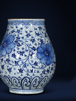 SKU_06_纯手绘青花官窑开片福桶瓶—送底座【正品保障+收藏证书+鸡缸杯】 Porcelain antique blue and white porcelain vase flower arrangement living room porch TV cabinet new Chinese high-grade sense ornaments