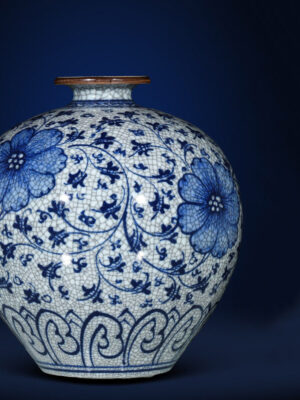 SKU_07_大号纯手绘青花官窑开片石榴瓶—送底座【正品保障+收藏证书+鸡缸杯】 Porcelain antique blue and white porcelain vase flower arrangement living room porch TV cabinet new Chinese high-grade sense ornaments