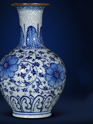 SKU_09_大号纯手绘青花官窑开片赏瓶—送底座【正品保障+收藏证书+鸡缸杯】 Porcelain antique blue and white porcelain vase flower arrangement living room porch TV cabinet new Chinese high-grade sense ornaments