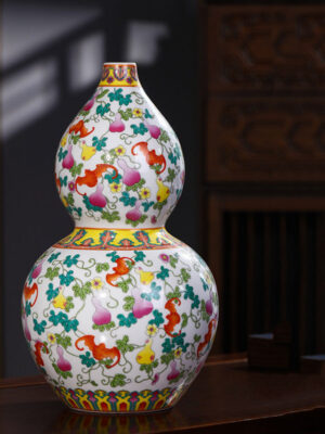 SKU_1_仿清雍正粉彩福寿绵延葫芦瓶—送木质旋转底座【收藏证书+正品保障】 Porcelain new Chinese lucky town house gourd living room porch cabinet vase Feng Shui ornaments high sense